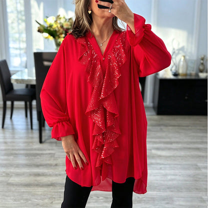 Damenes V-halset sequin-sammensatt chiffong-topp