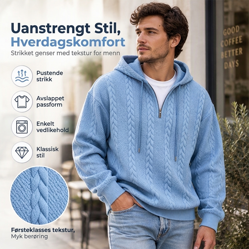 Herre hettegenser med halv glidelås og kabelstrikk – Varm og stilfull ✨👕🧶