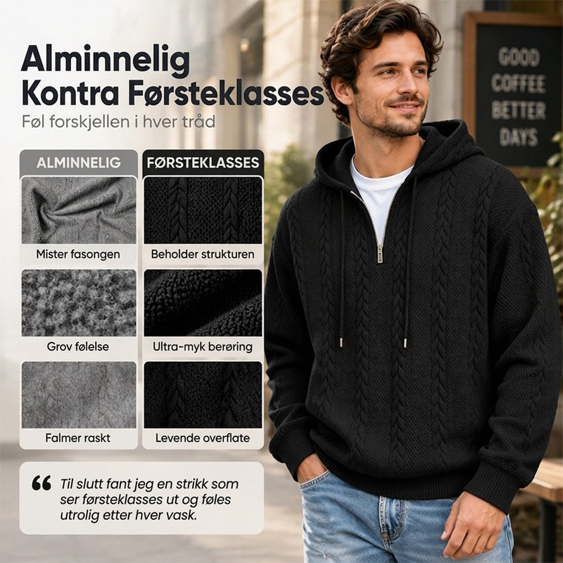 Herre hettegenser med halv glidelås og kabelstrikk – Varm og stilfull ✨👕🧶