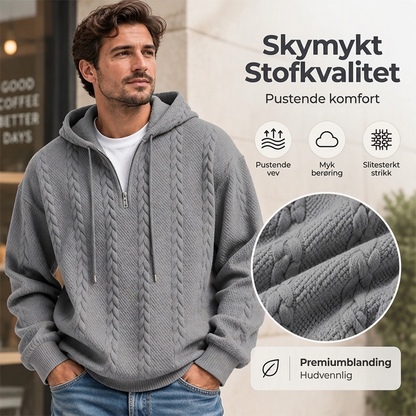 Herre hettegenser med halv glidelås og kabelstrikk – Varm og stilfull ✨👕🧶