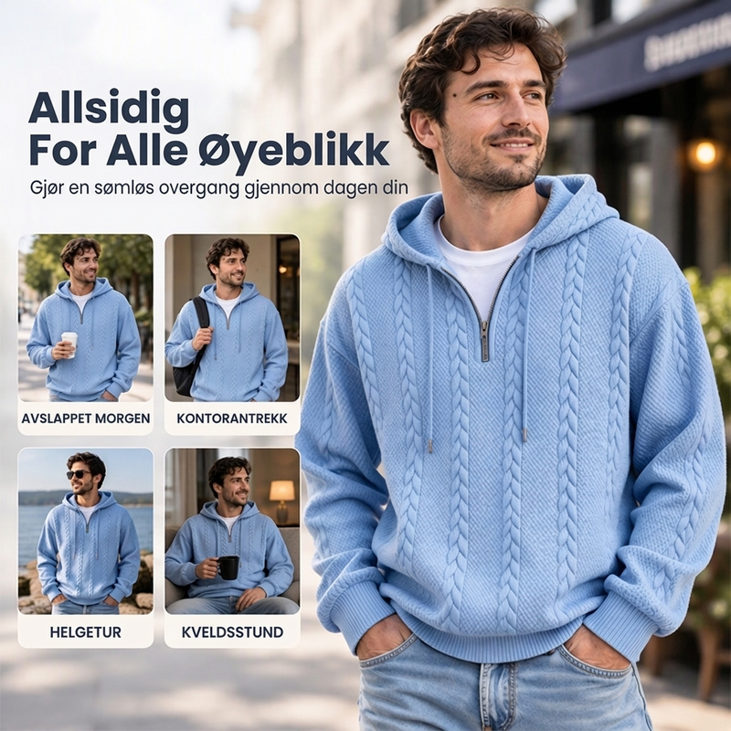 Herre hettegenser med halv glidelås og kabelstrikk – Varm og stilfull ✨👕🧶
