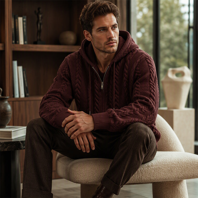 Herre hettegenser med halv glidelås og kabelstrikk – Varm og stilfull ✨👕🧶