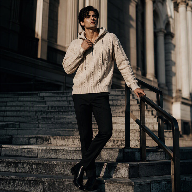 Herre hettegenser med halv glidelås og kabelstrikk – Varm og stilfull ✨👕🧶