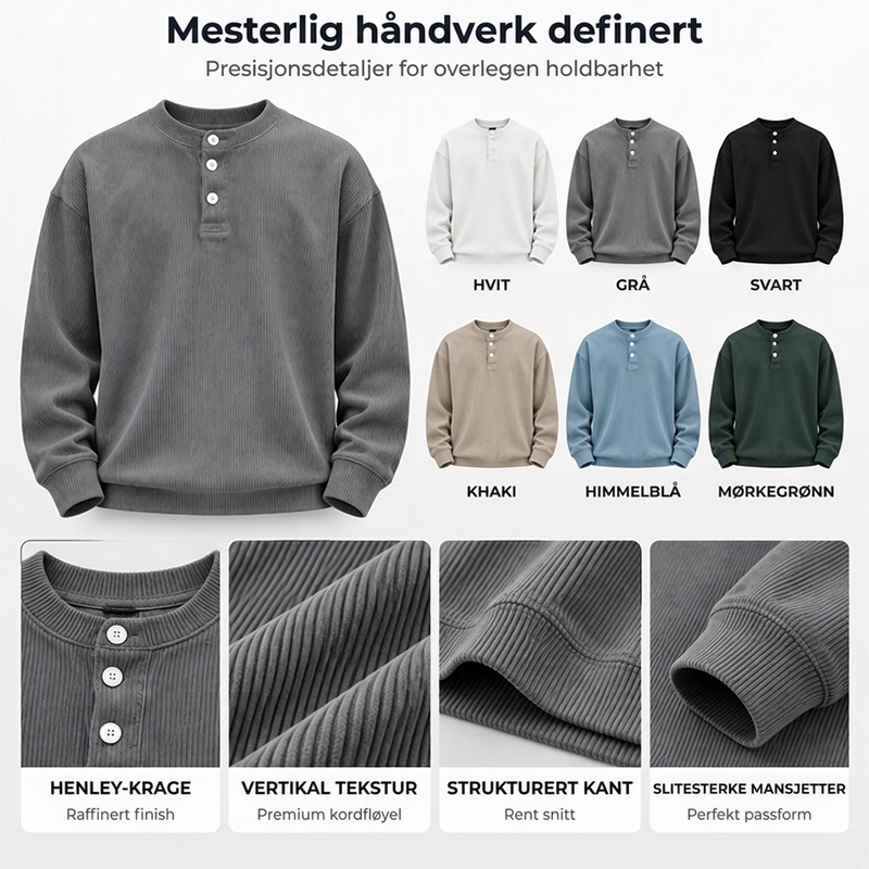 Avslappet cordfløyels-Henley-overdel med lange ermer for menn – Myk, stilfull og komfortabel ✨👕🍂
