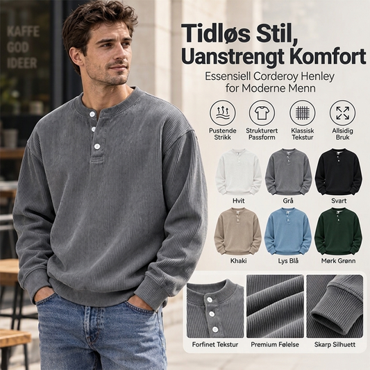 Avslappet cordfløyels-Henley-overdel med lange ermer for menn – Myk, stilfull og komfortabel ✨👕🍂