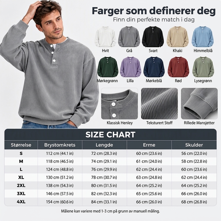 Avslappet cordfløyels-Henley-overdel med lange ermer for menn – Myk, stilfull og komfortabel ✨👕🍂