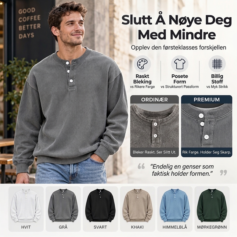 Avslappet cordfløyels-Henley-overdel med lange ermer for menn – Myk, stilfull og komfortabel ✨👕🍂