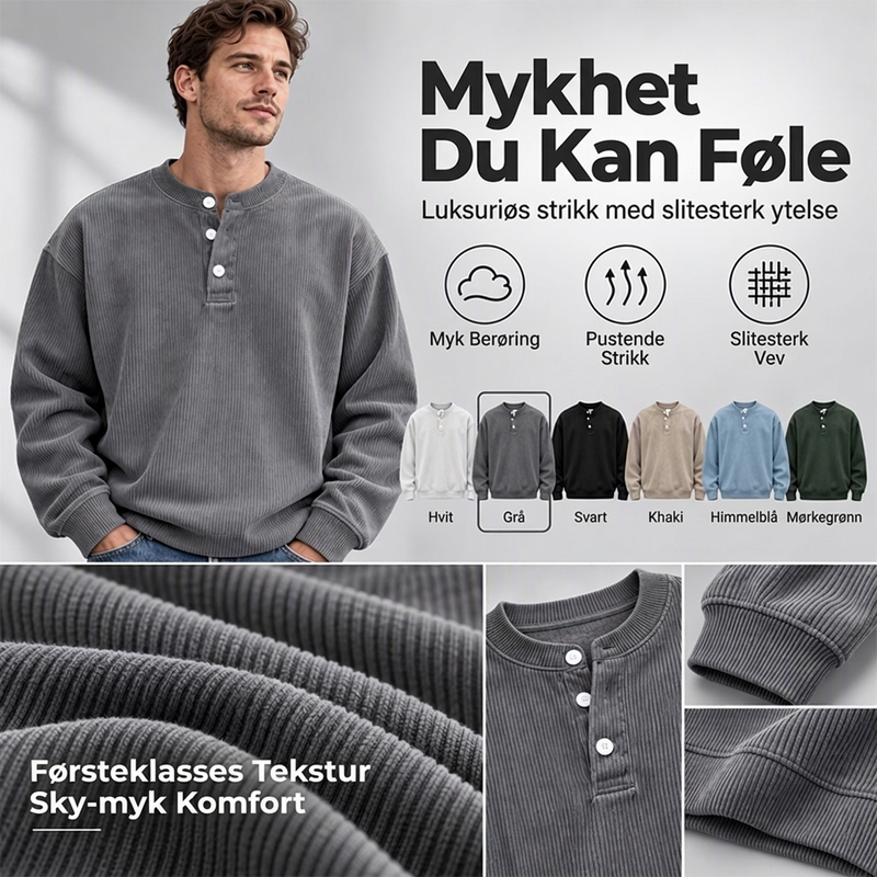 Avslappet cordfløyels-Henley-overdel med lange ermer for menn – Myk, stilfull og komfortabel ✨👕🍂