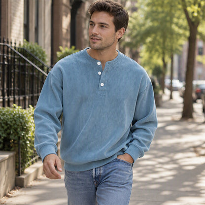 Avslappet cordfløyels-Henley-overdel med lange ermer for menn – Myk, stilfull og komfortabel ✨👕🍂