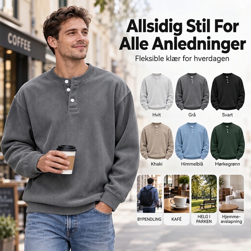 Avslappet cordfløyels-Henley-overdel med lange ermer for menn – Myk, stilfull og komfortabel ✨👕🍂