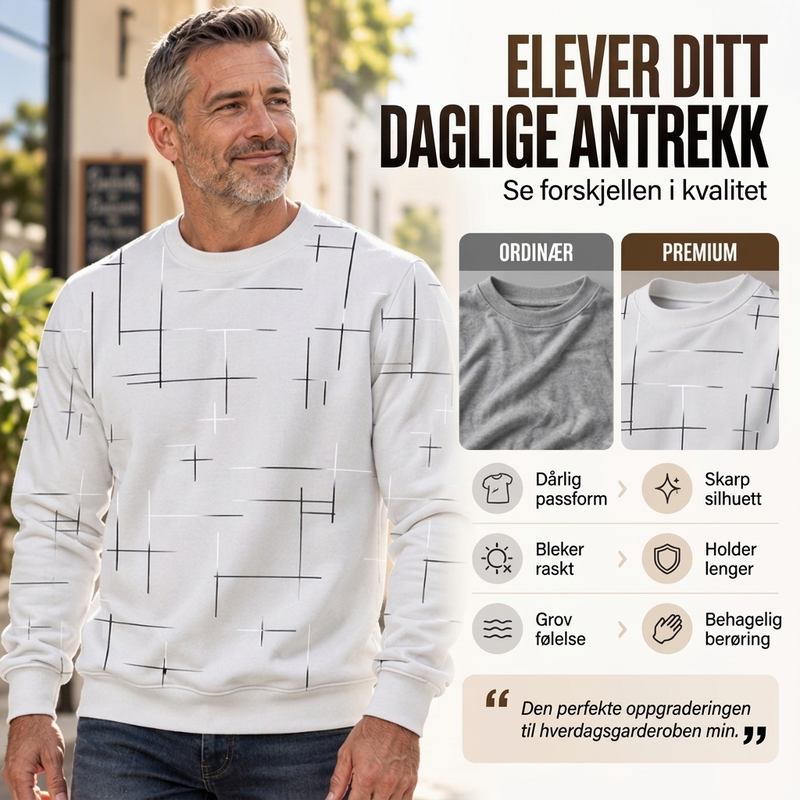 Avslappet herre-sweatshirt med rund hals og linjetrykk