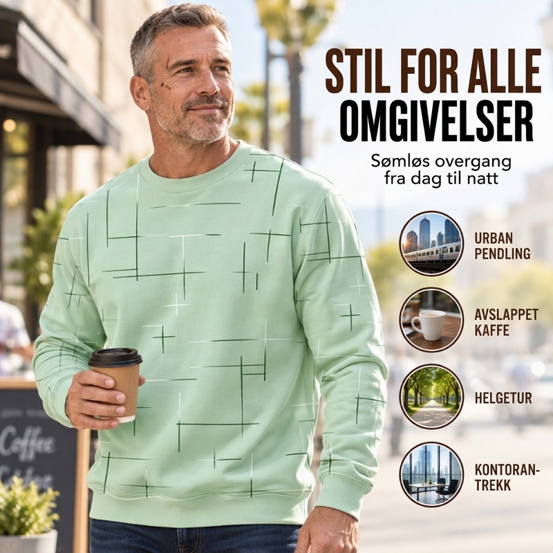 Avslappet herre-sweatshirt med rund hals og linjetrykk