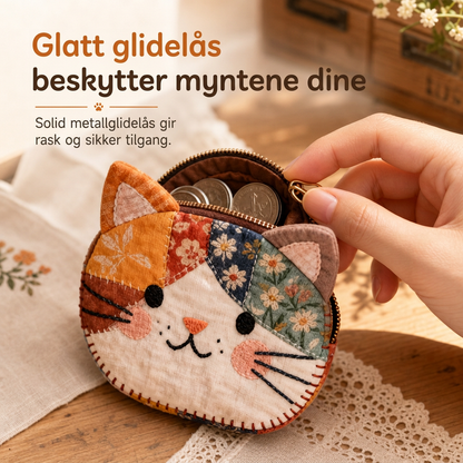 Søt lappete katt-lommebok med mynter og bærbart kortesker, liten kreativ pose for jenter
