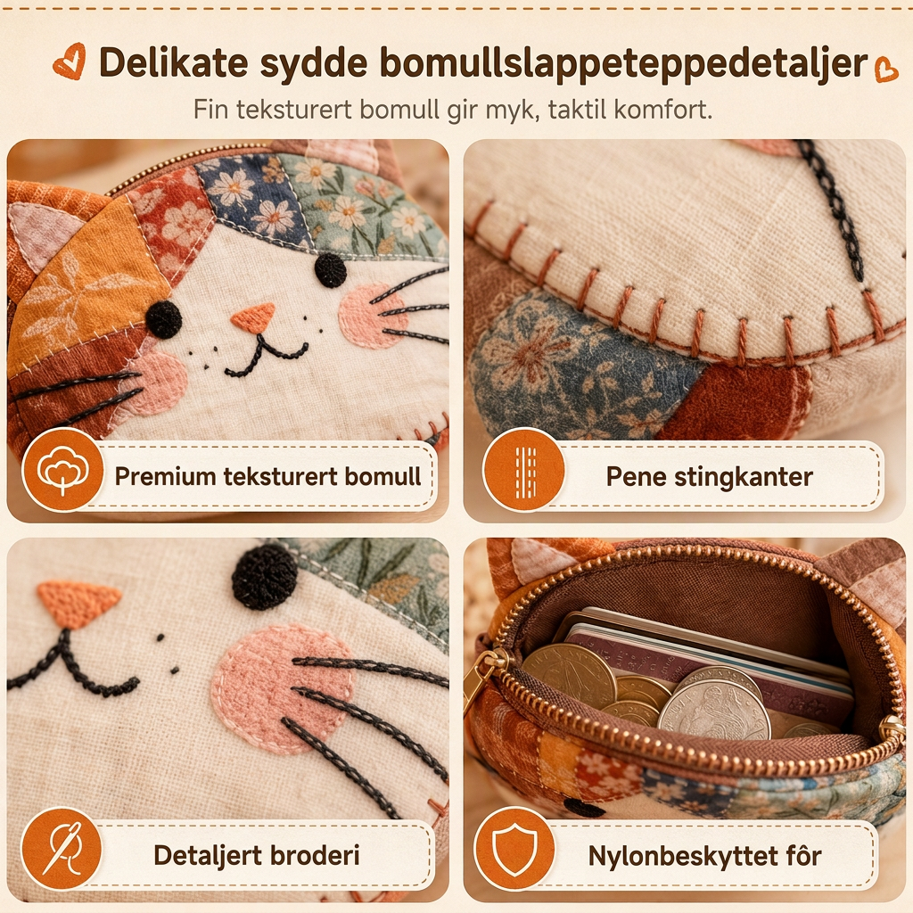 Søt lappete katt-lommebok med mynter og bærbart kortesker, liten kreativ pose for jenter
