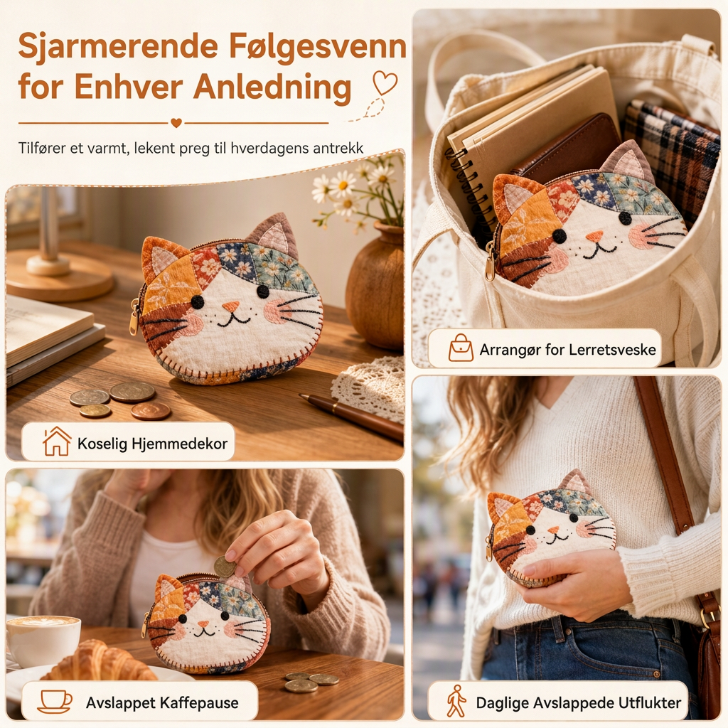 Søt lappete katt-lommebok med mynter og bærbart kortesker, liten kreativ pose for jenter