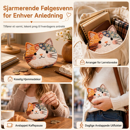 Søt lappete katt-lommebok med mynter og bærbart kortesker, liten kreativ pose for jenter