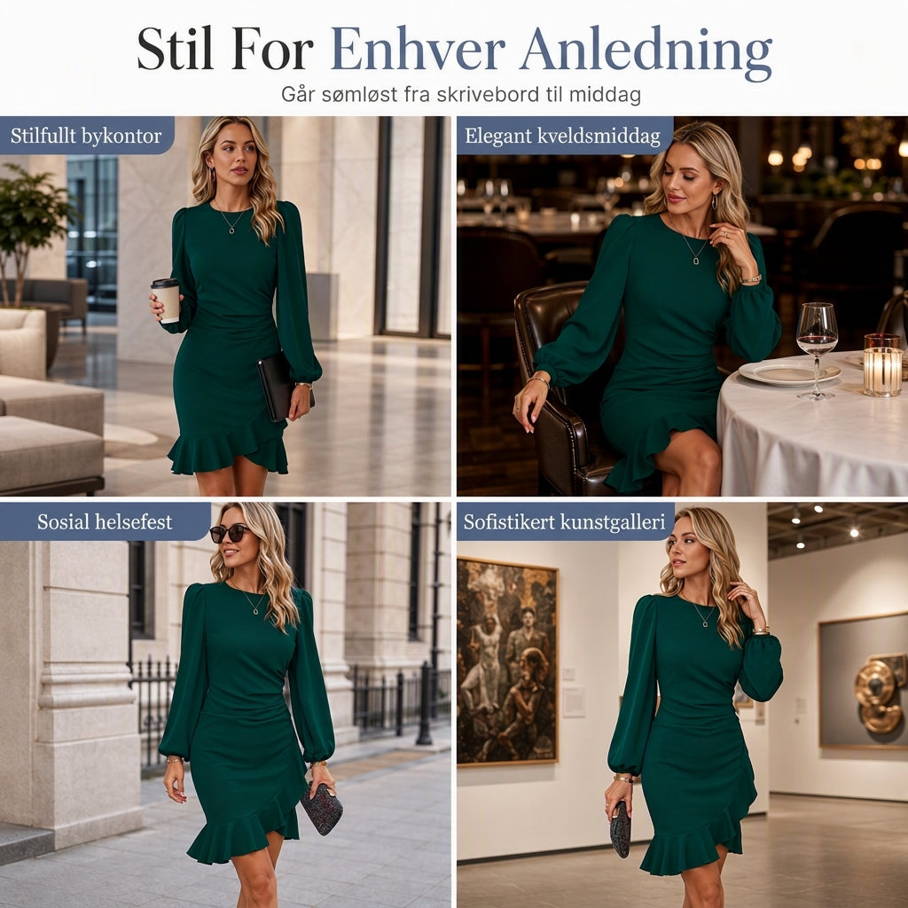 Kvinner ensfarget Puff ermet Bodycon Dress