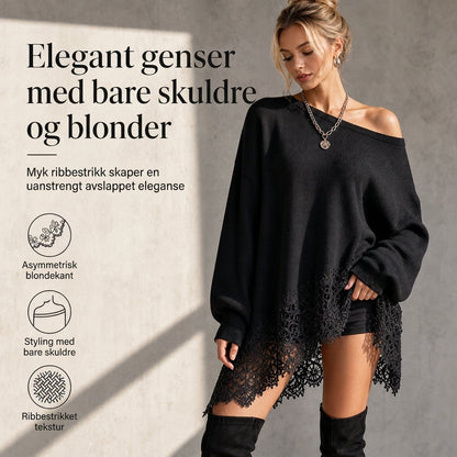 Stor, skulderfri strikkekjole for kvinner med asymmetrisk blomstret blonderkant