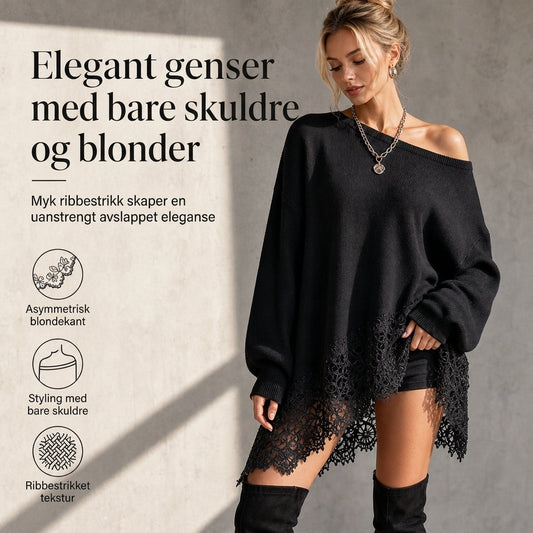 Stor, skulderfri strikkekjole for kvinner med asymmetrisk blomstret blonderkant
