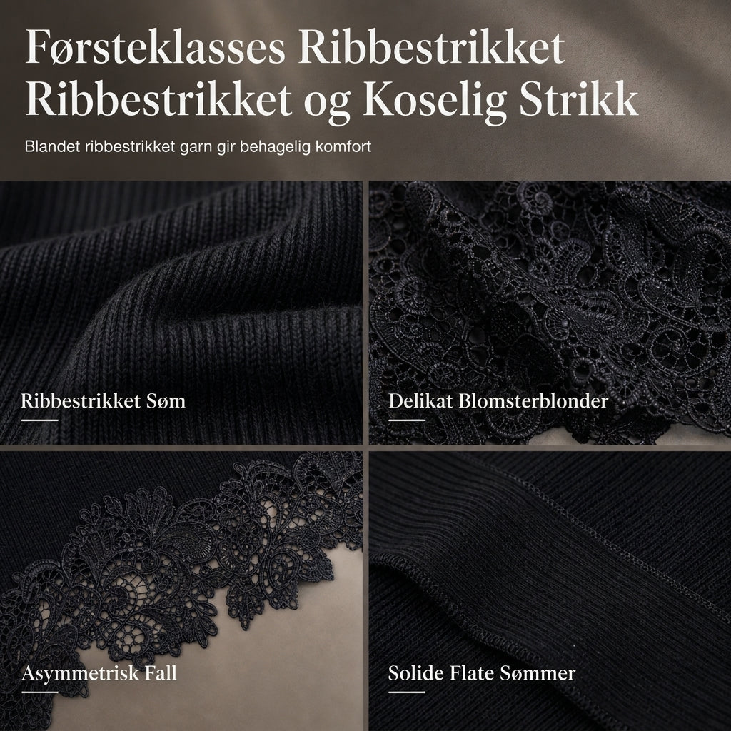 Stor, skulderfri strikkekjole for kvinner med asymmetrisk blomstret blonderkant