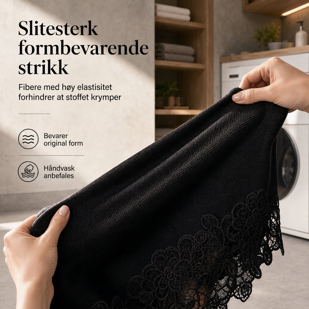 Stor, skulderfri strikkekjole for kvinner med asymmetrisk blomstret blonderkant