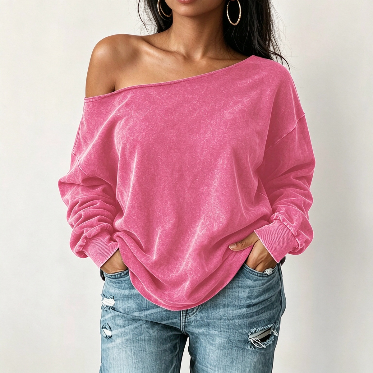 Vårs tilfeldige av-hals mineralvask oversized slouchy sweatshirt