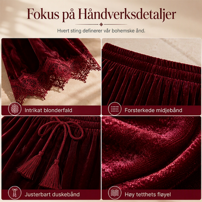 Bredbuks i fløyel med blonder for dame