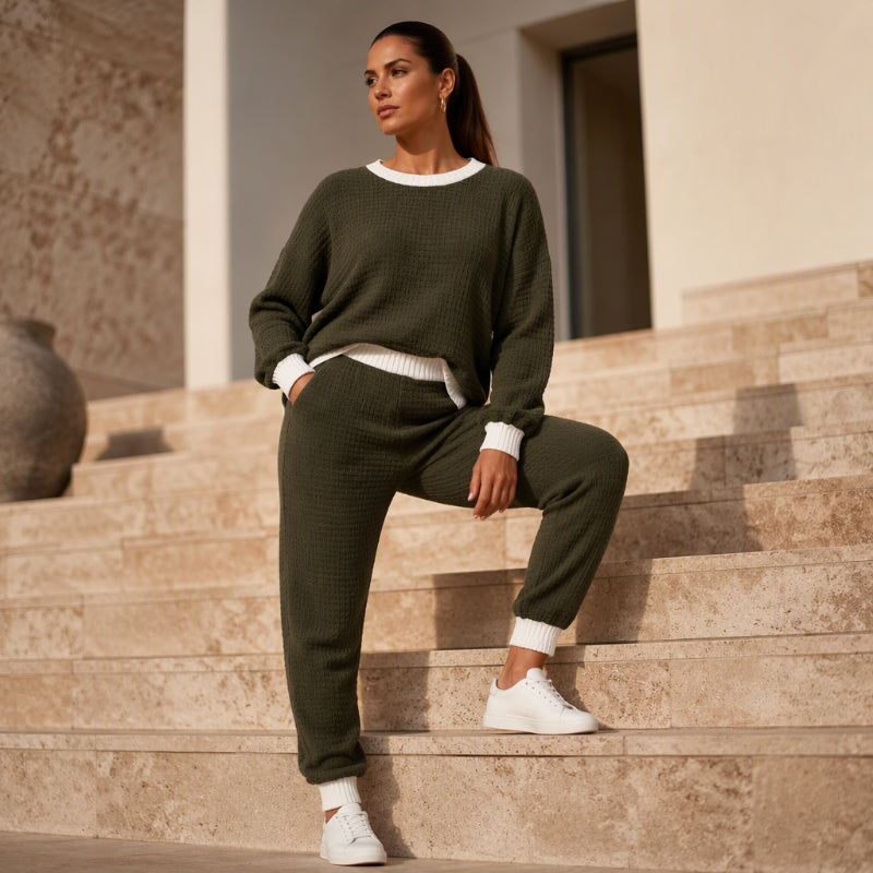 Damen Freizeit Waffelstrick 2-Teile Set