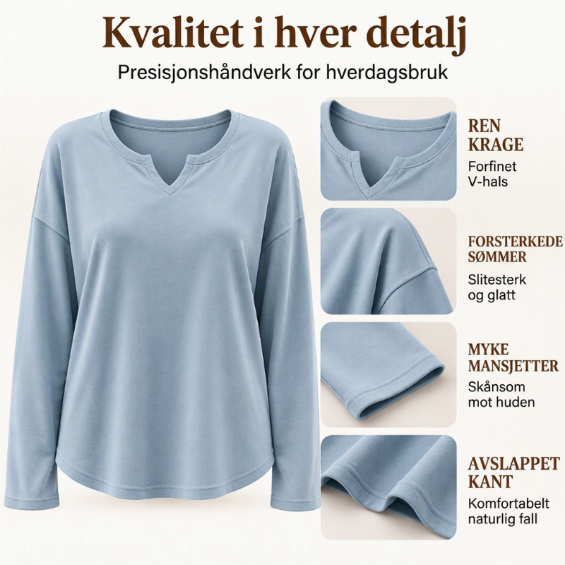 Avslappet topp for kvinner med notch-V-hals og lange ermer
