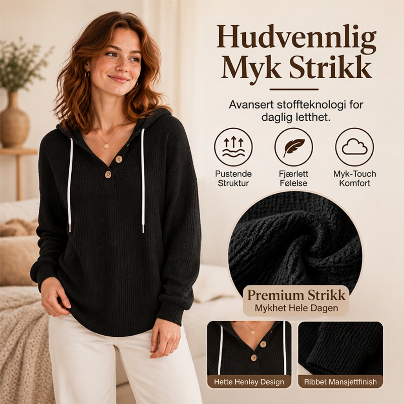 Hettegenser med vaffelstrikk, Henley-krage for kvinner