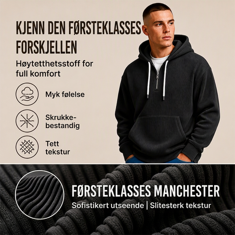Uformell halv-glidelås cordfløyels hettegenser for menn
