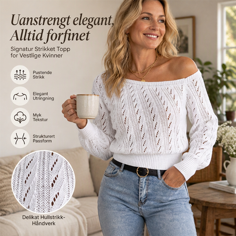 Kort strikkegenser for kvinner med åpen skulder